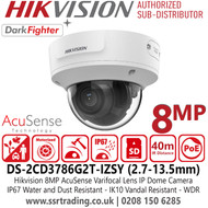 Hikvision 8MP/4K AcuSense DarkFighter Motorized Varifocal Lens IP PoE Dome Camera With 2.7-13.5 Varifocal Lens, 40m IR Light Range, 120 dB WDR, IP67 Water and Dust Resistant, IK10 Vandal Resistant - DS-2CD3786G2T-IZSY(2.7-13.5mm) 