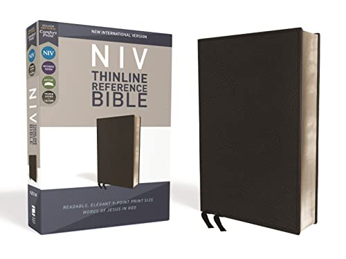 NIV Thinline Reference Bible Genuine Leather Calfskin Black Red