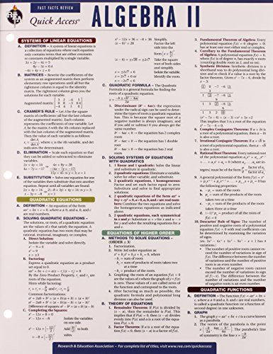 Algebra 2 - REA's Quick Access Reference Chart