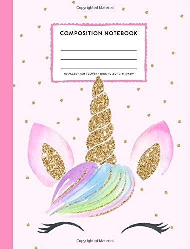 Composition Notebook: Cute Rainbow Unicorn Face Pink Gold Wide Ruled