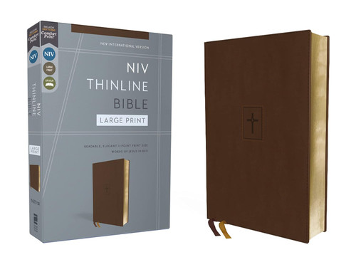 NIV Thinline Bible Large Print Leathersoft Brown Red Letter Comfort