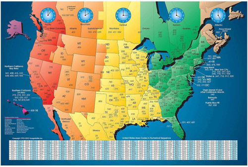 ImageAbility North America Laminated Gloss Time Zone Area Code Map