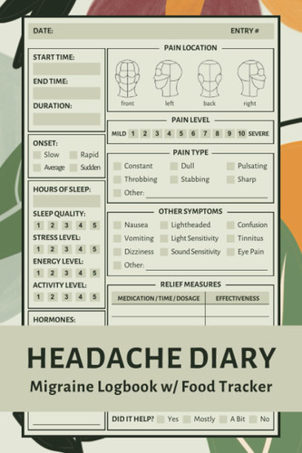 Headache Diary: Migraine Log Book with Food Tracker to Help Identify