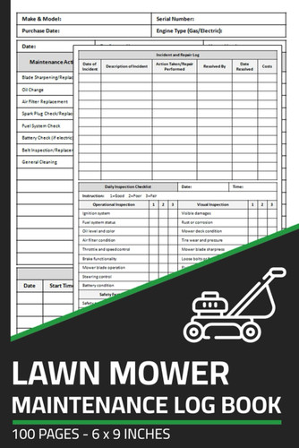 Lawn Mower Maintenance Log Book