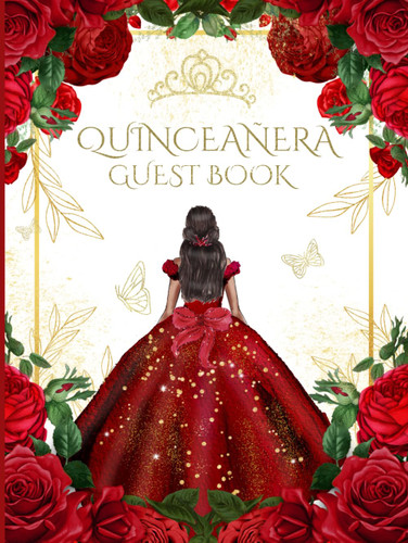Hardcover Quinceanera Guest Book Burgundy Red with Roses and Gold