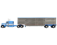 1/64 DCP PETERBILT 379 63-INCH FLATTOP SLEEPER WITH SILVER SIDED BABY BLUE TRIM SPREAD AXLE WILSON SILVER STAR LIVESTOCK TRAILER - Baby Blue