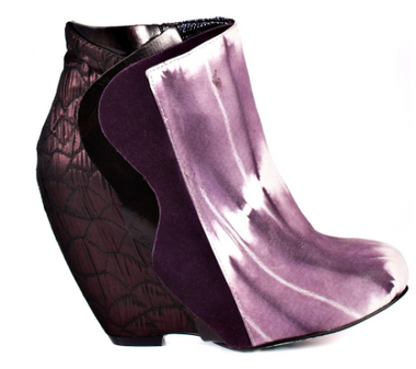 Irregular Choice Motherly Love, Wedge Tie Dye Ankle Bootie with mix leathers- Purple