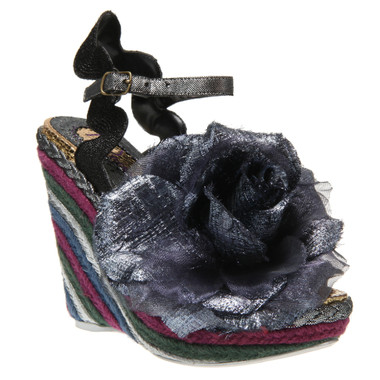 Irregular Choice Weavers, Striped woven wedge with oversized fabric flower- Black and purple