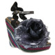 Irregular Choice Weavers, Striped woven wedge with oversized fabric flower- Black and purple