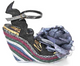 Irregular Choice Weavers, Striped woven wedge with oversized fabric flower- Black and purple