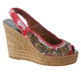 Women's Shoes, Bacio 61 Dalmine, Women's slingback wedge with tie dye and beading detail, red tie dye.
