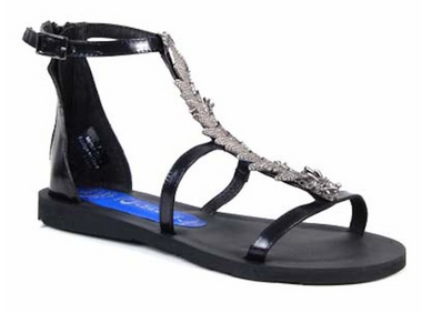 Women's Shoes, Jeffrey Campbell Mushu, Flat gladiator sandal metal ornament, Black and Pewter metal