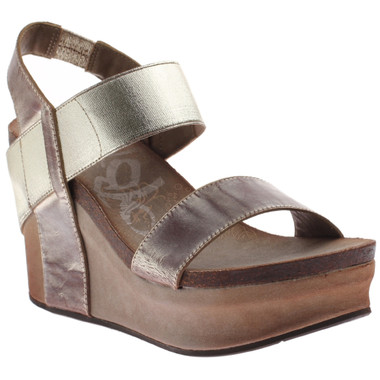Women's Shoes, OTBT Bushnell, Open toe Wedge with elastic strap, Gold color way. Metallic brown front toe and back ankle strap.  Metallic Gold front ankle strap.