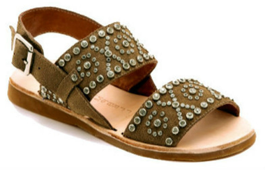Quarter View:  Women's Shoes, Jeffrey Campbell Patras, Suede Flat Sandal with Crystals, Tan Brown