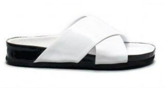 Side View: Women's Shoes, Jeffrey Campbell Menorca, Criss Cross Slip on Sandal, Patent leather, white and black sole