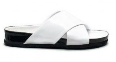Side View: Women's Shoes, Jeffrey Campbell Menorca, Criss Cross Slip on Sandal, Patent leather, white and black sole