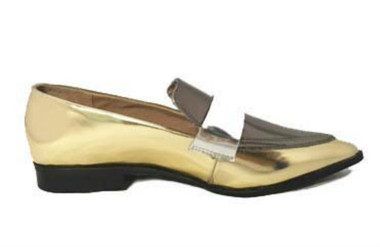 Side View: Women's Shoes, Women's Loafer, Belanger by Jeffrey Campbell Shoes, Mix Metallic Loafer. Color Gold.