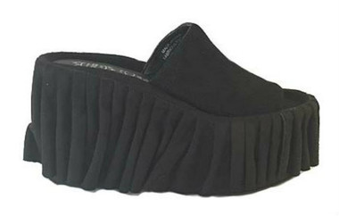 Side View: Women's Shoes, Jeffrey Campbell Cortina, Suede Slip on Platform Wedge, Black Ruffles