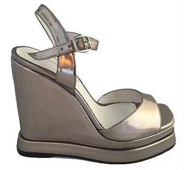 Women's Shoes, Jeffrey Campbell Shalimar, Wedge Sandal with ankle strap and peep toe. Metallic Silver.