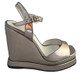 Women's Shoes, Jeffrey Campbell Shalimar, Wedge Sandal with ankle strap and peep toe. Metallic Silver.