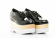 Front View- Pair: Women's Shoes, Jeffrey Campbell Digby Wood, Platform Oxford, Black Patent leather, wood & white sole