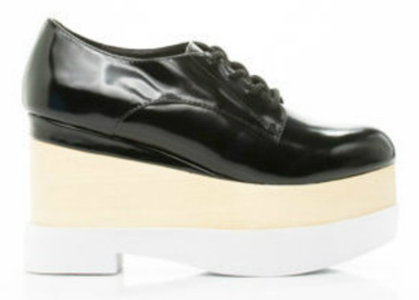 Side View: Women's Shoes, Jeffrey Campbell Digby Wood, Platform Oxford, Black Patent leather, wood & white sole