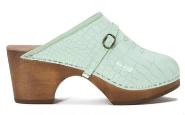 Side View: Women's Shoes, Jeffrey Campbell Kathryn, Wooden clog with crocodile leather, pale green