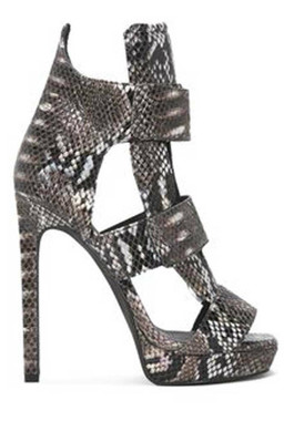Side View: Women's Shoes, Women's Stiletto, Jeffrey Campbell Lahoya, High heel snakeskin sandal, black and silver, Size 7