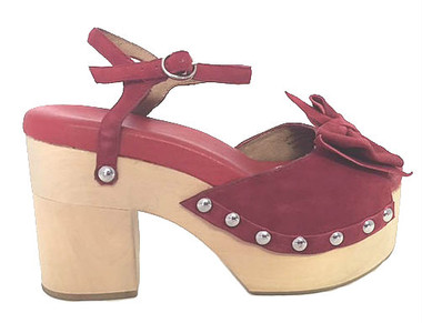 Women's Shoes, Jeffrey Campbell Bridge, Red Suede Clog Sandal, Oversized Bow and metal studs