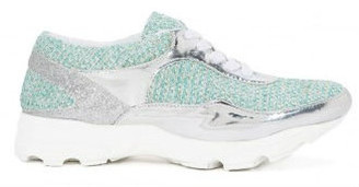 Women's shoes, Jeffrey Campbell Run Walk, Turquoise tweed athletic sneaker, mirror timing and rubber traction sole.