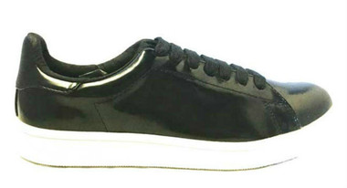 Side View: Women's Shoes, Jeffrey Campbell Player, Black White Lace Up Sneaker, patent leather Black upper, white sole