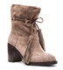 Women's Shoes, Jeffrey Campbell LaForge, Suede ankle boot with fringe tie, slouchy, high heel, Brown Taupe