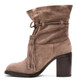 Women's Shoes, Jeffrey Campbell LaForge, Suede ankle boot with fringe tie, slouchy, high heel, Brown Taupe