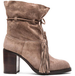Women's Shoes, Jeffrey Campbell LaForge, Suede ankle boot with fringe tie, slouchy, high heel, Brown Taupe