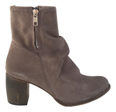 Women's Shoes, Jeffrey Campbell 3437-Ki, Suede Ankle boot with double exposed zippers and gathered front. Wooden stacked heel. Taupe.