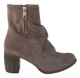 Women's Shoes, Jeffrey Campbell 3437-Ki, Suede Ankle boot with double exposed zippers and gathered front. Wooden stacked heel. Taupe.