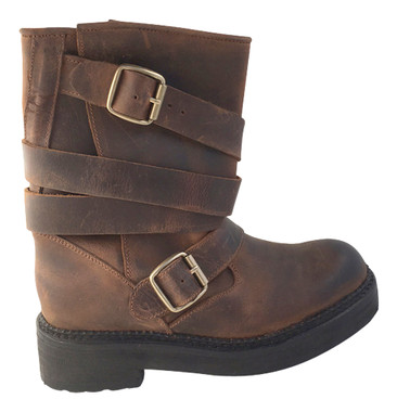 Women's Shoes, Jeffrey Campbell Burton, Motorcycle boot, Brown leather with multi wrap around straps, lug sole