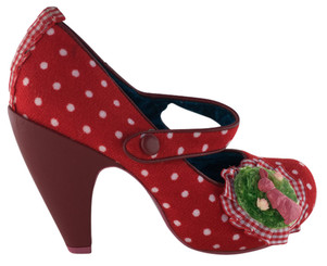 Women's Shoes, Irregular Choice high heel Mary Jane, Red polka dot wool, leather covered 4" heel, front gingham appliqu
