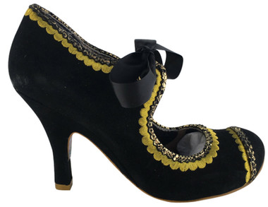 Women's Shoes, Irregular Choice High Heel Mary Jane, Black suede with gold scallop embroidery and textured trim. Black ribbon laces and gold eyelets. 3 3/4" heel.