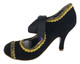 Women's Shoes, Irregular Choice High Heel Mary Jane, Black suede with gold scallop embroidery and textured trim. Black ribbon laces and gold eyelets. 3 3/4" heel.