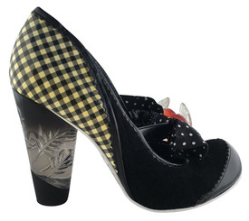 Women's Shoes, Irregular Choice Mary Jane with oversized bow and heart charm, Black White Gingham and black suede mix upper, etched lucite heel. 3 3/4" heel.