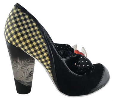 Women's Shoes, Irregular Choice Mary Jane with oversized bow and heart charm, Black White Gingham and black suede mix upper, etched lucite heel. 3 3/4" heel.