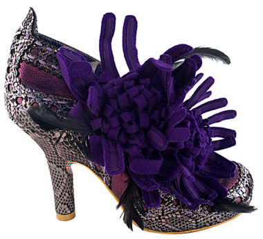 Women's shoes, Irregular choice McGillionaire, Purple oversize flower ankle boot. Metallic leather upper with reptile print. Metallic silver and purple. 3 3/4" heel.
