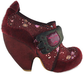 Women's Shoes, Irregular Choice Pony Hair ankle boot, burgundy printed fabric upper with pony hair overlay, metallic suede covered heel and velcro closure. Padded claw design strap with embroidered cat face.