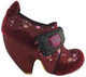 Women's Shoes, Irregular Choice Pony Hair ankle boot, burgundy printed fabric upper with pony hair overlay, metallic suede covered heel and velcro closure. Padded claw design strap with embroidered cat face.