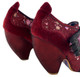 Women's Shoes, Irregular Choice Pony Hair ankle boot, burgundy printed fabric upper with pony hair overlay, metallic suede covered heel and velcro closure. Padded claw design strap with embroidered cat face.