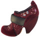Women's Shoes, Irregular Choice Pony Hair ankle boot, burgundy printed fabric upper with pony hair overlay, metallic suede covered heel and velcro closure. Padded claw design strap with embroidered cat face.