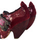 Women's Shoes, Irregular Choice Pony Hair ankle boot, burgundy printed fabric upper with pony hair overlay, metallic suede covered heel and velcro closure. Padded claw design strap with embroidered cat face.