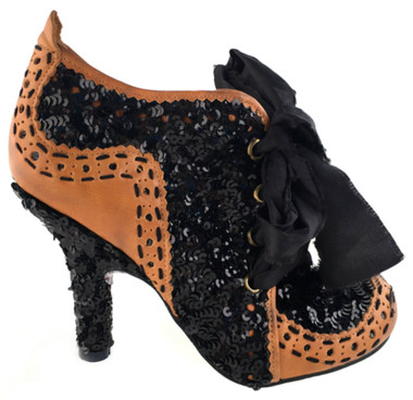 Women's shoes, Irregular Choice Abigails Party, Black sequin and tan leather upper, black contrast top stitching, sequin covered heel. Raw edge silk fabric laces.