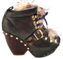Women's Shoes, Irregular Choice platform ankle boot, Metallic gold & brown/black upper with faux fur, front lacing. Brass studs at bottom base.
